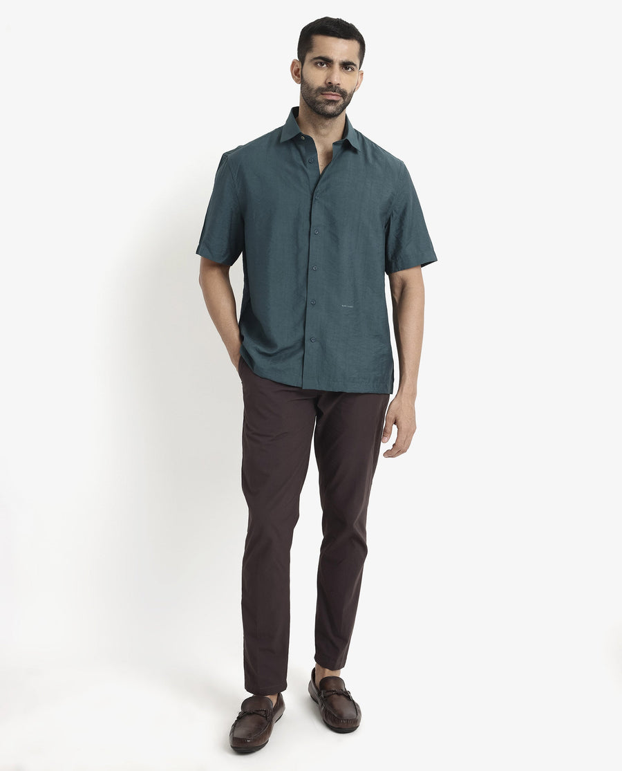 Rare Rabbit Men's Blois Dark Teal Viscose Plain Boxy Fit Half Sleeve Collared Shirt