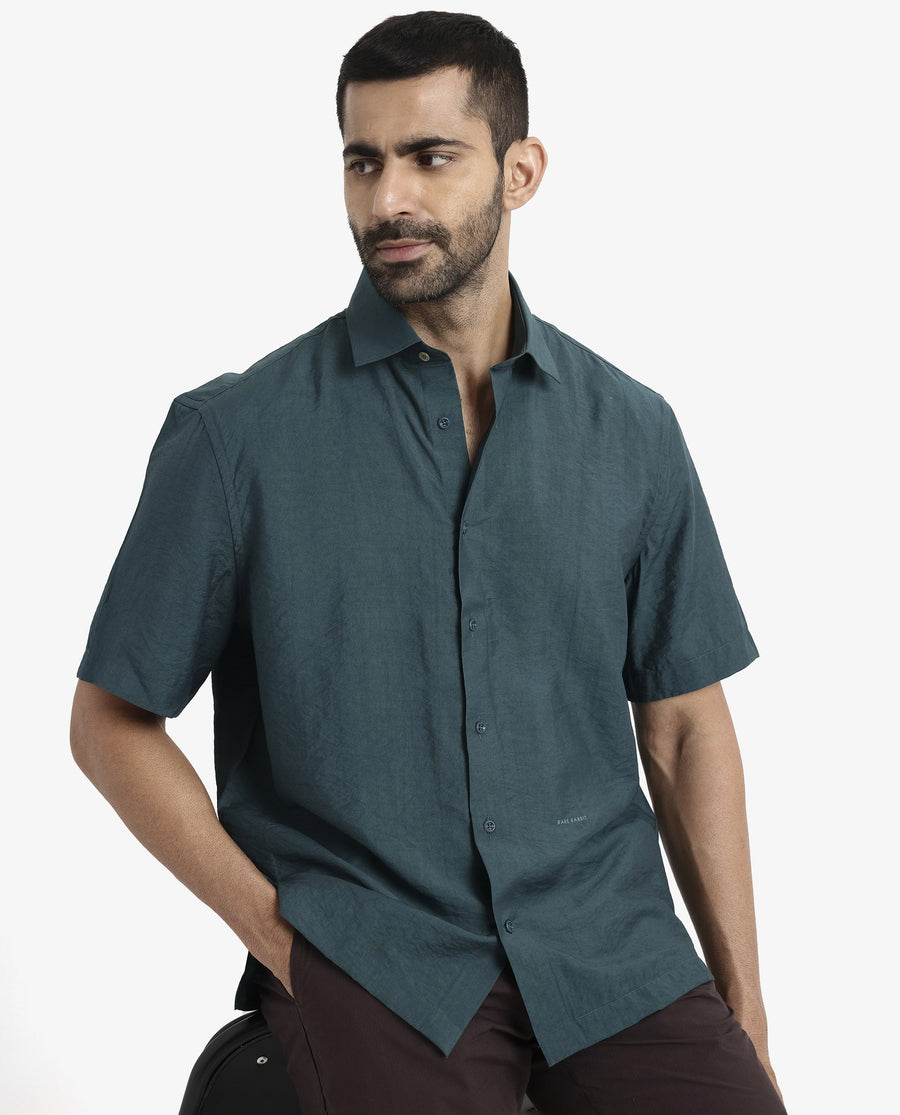 Rare Rabbit Men's Blois Dark Teal Viscose Plain Boxy Fit Half Sleeve Collared Shirt