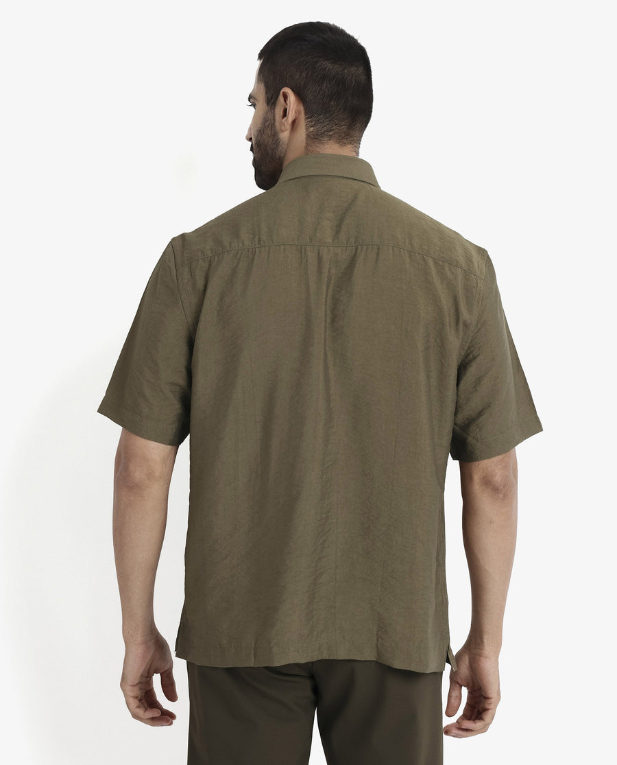 Rare Rabbit Men's Blois Olive Viscose Plain Boxy Fit Half Sleeve Collared Shirt