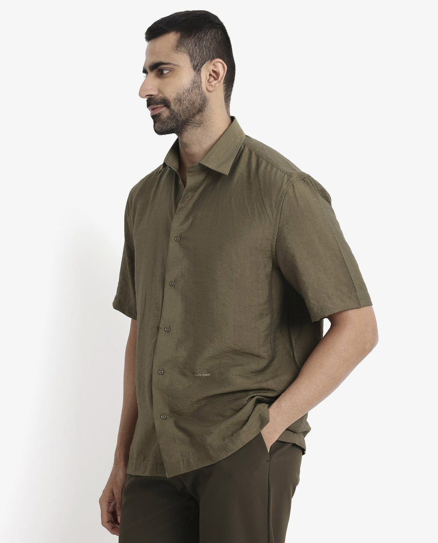 Rare Rabbit Men's Blois Olive Viscose Plain Boxy Fit Half Sleeve Collared Shirt