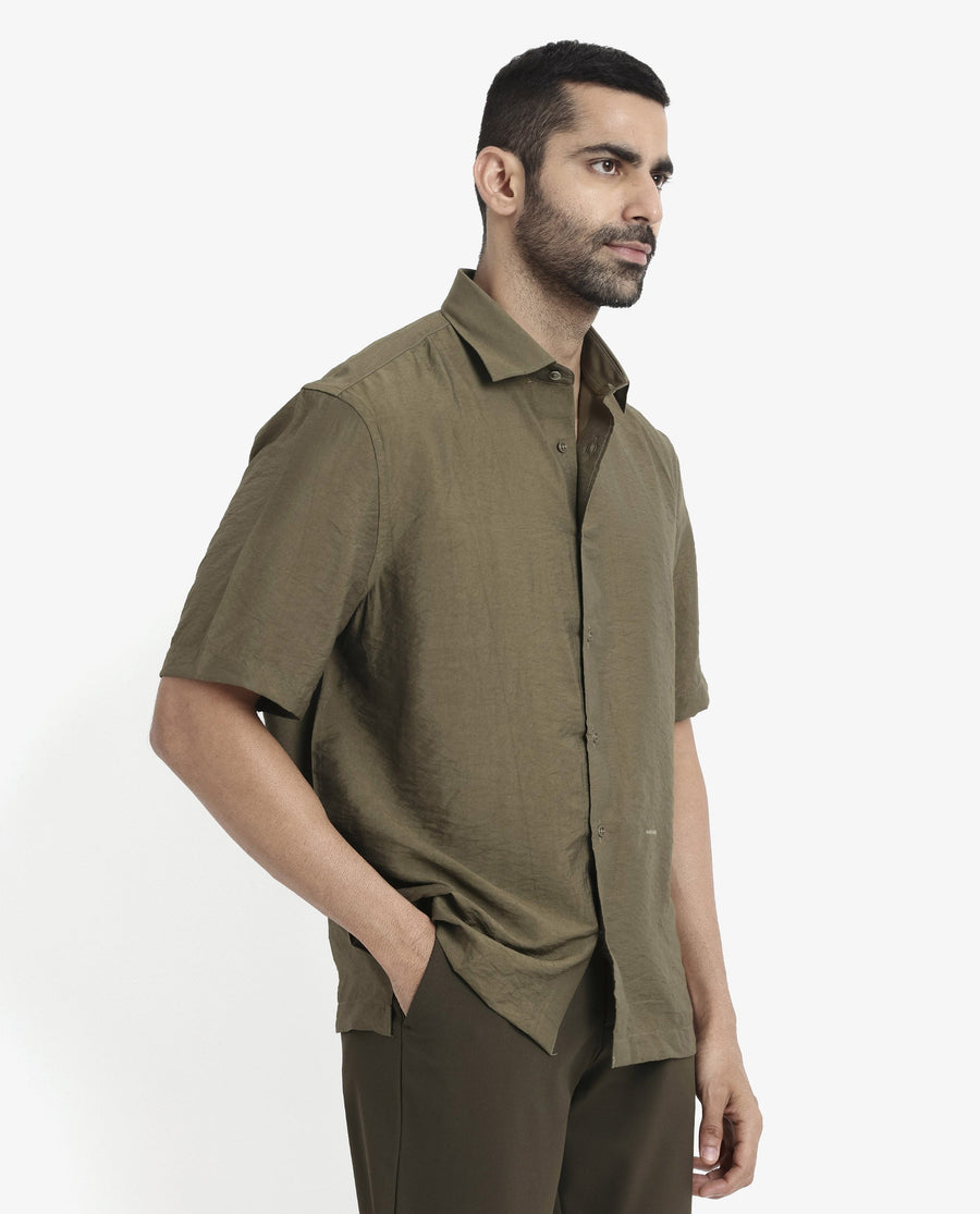 Rare Rabbit Men's Blois Olive Viscose Plain Boxy Fit Half Sleeve Collared Shirt