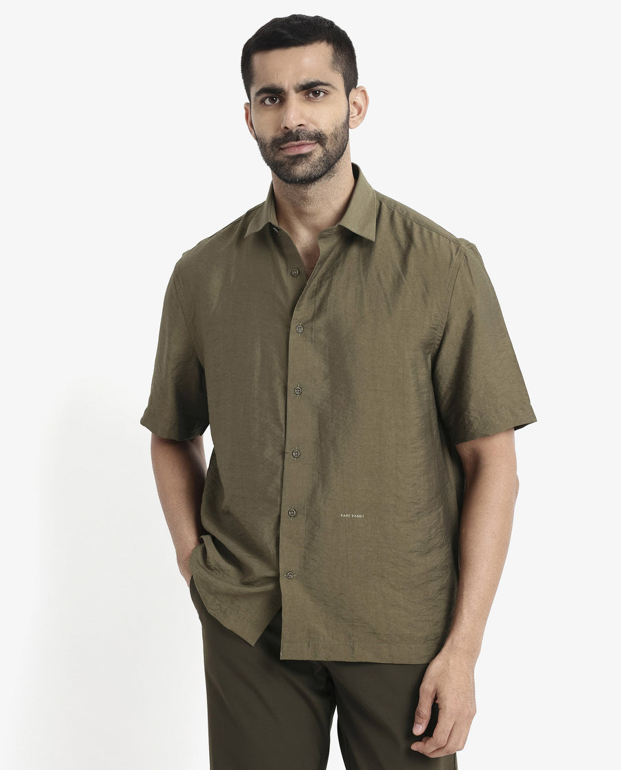 Rare Rabbit Men's Blois Olive Viscose Plain Boxy Fit Half Sleeve Collared Shirt