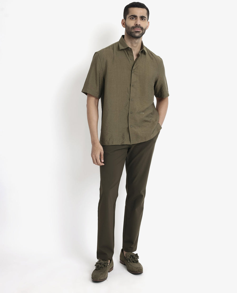 Rare Rabbit Men's Blois Olive Viscose Plain Boxy Fit Half Sleeve Collared Shirt