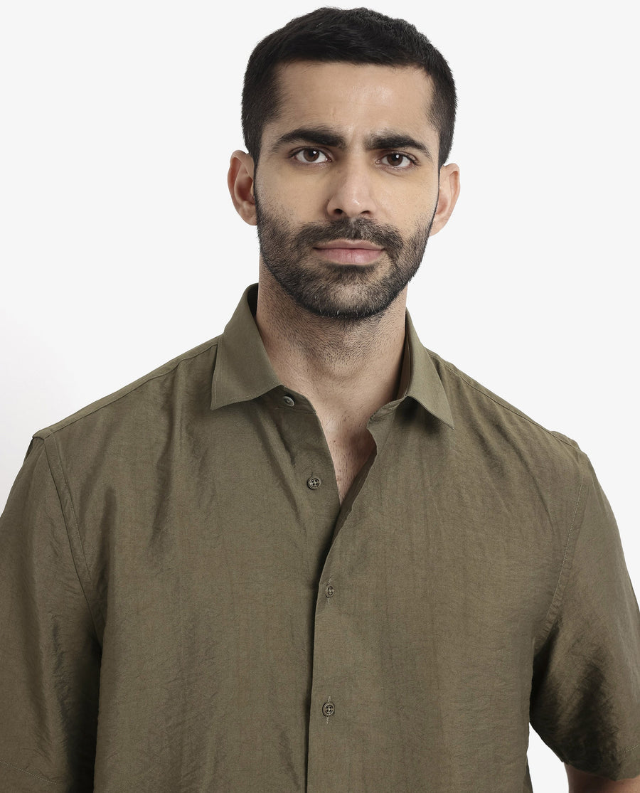 Rare Rabbit Men's Blois Olive Viscose Plain Boxy Fit Half Sleeve Collared Shirt