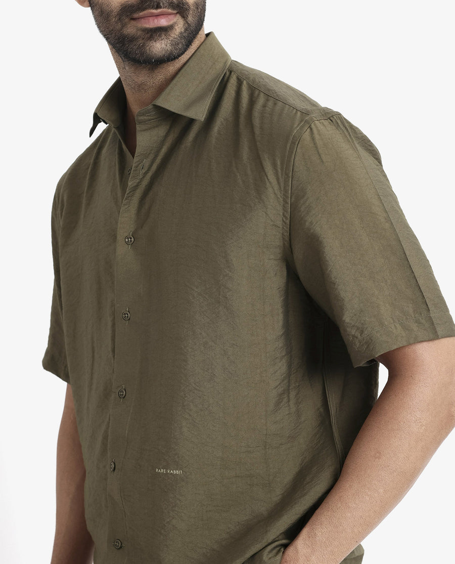 Rare Rabbit Men's Blois Olive Viscose Plain Boxy Fit Half Sleeve Collared Shirt