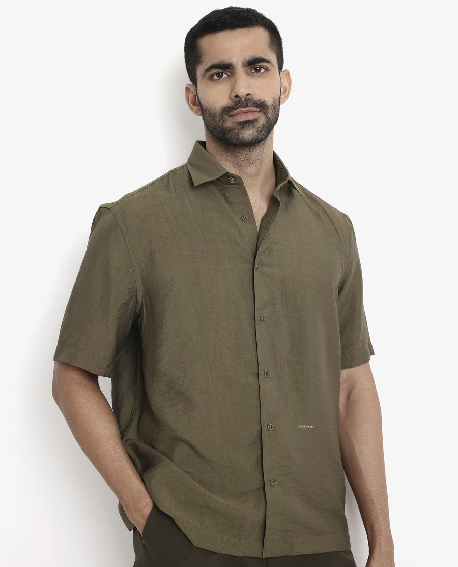 Rare Rabbit Men's Blois Olive Viscose Plain Boxy Fit Half Sleeve Collared Shirt