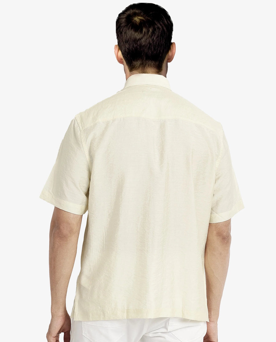 Rare Rabbit Men's Blois Pastel Yellow Viscose Plain Boxy Fit Half Sleeve Collared Shirt