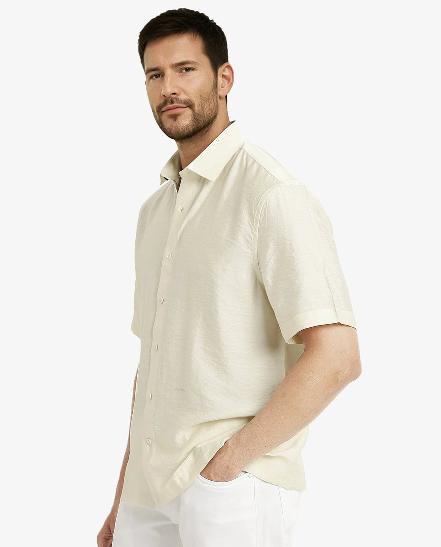 Rare Rabbit Men's Blois Pastel Yellow Viscose Plain Boxy Fit Half Sleeve Collared Shirt