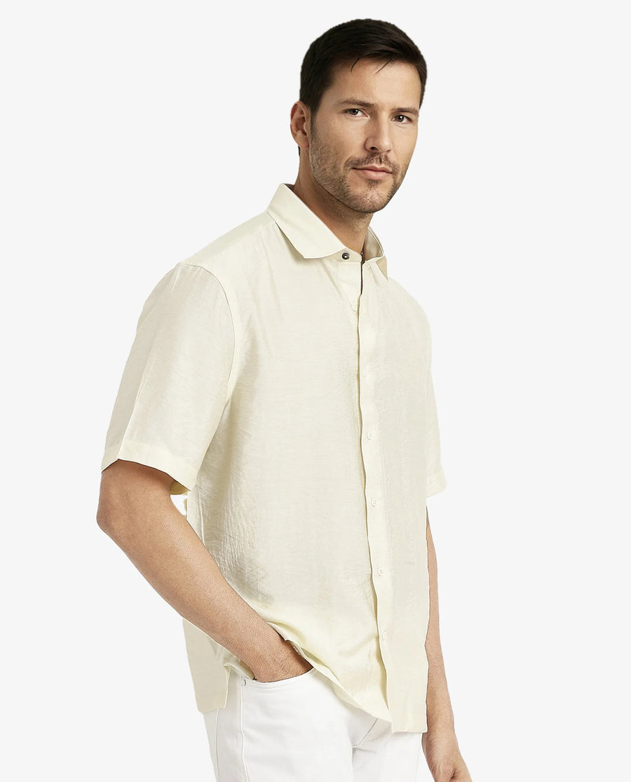 Rare Rabbit Men's Blois Pastel Yellow Viscose Plain Boxy Fit Half Sleeve Collared Shirt