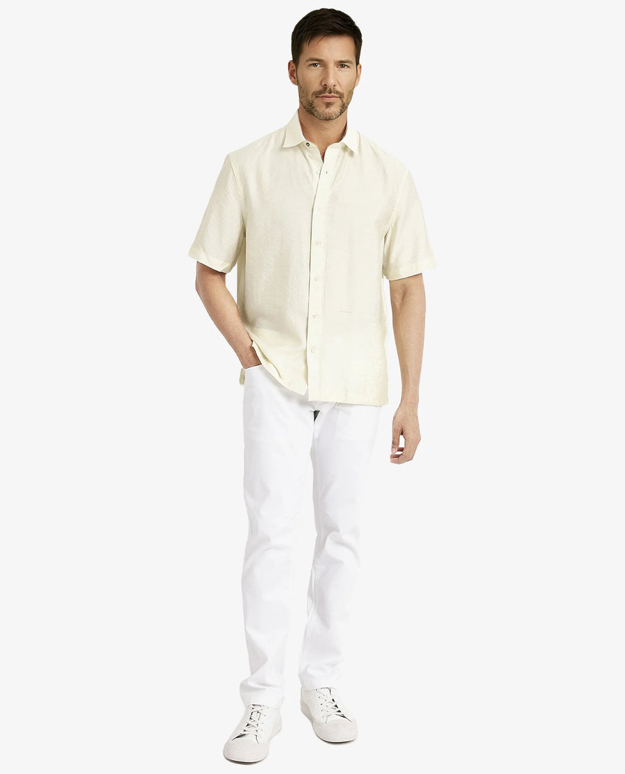 Rare Rabbit Men's Blois Pastel Yellow Viscose Plain Boxy Fit Half Sleeve Collared Shirt