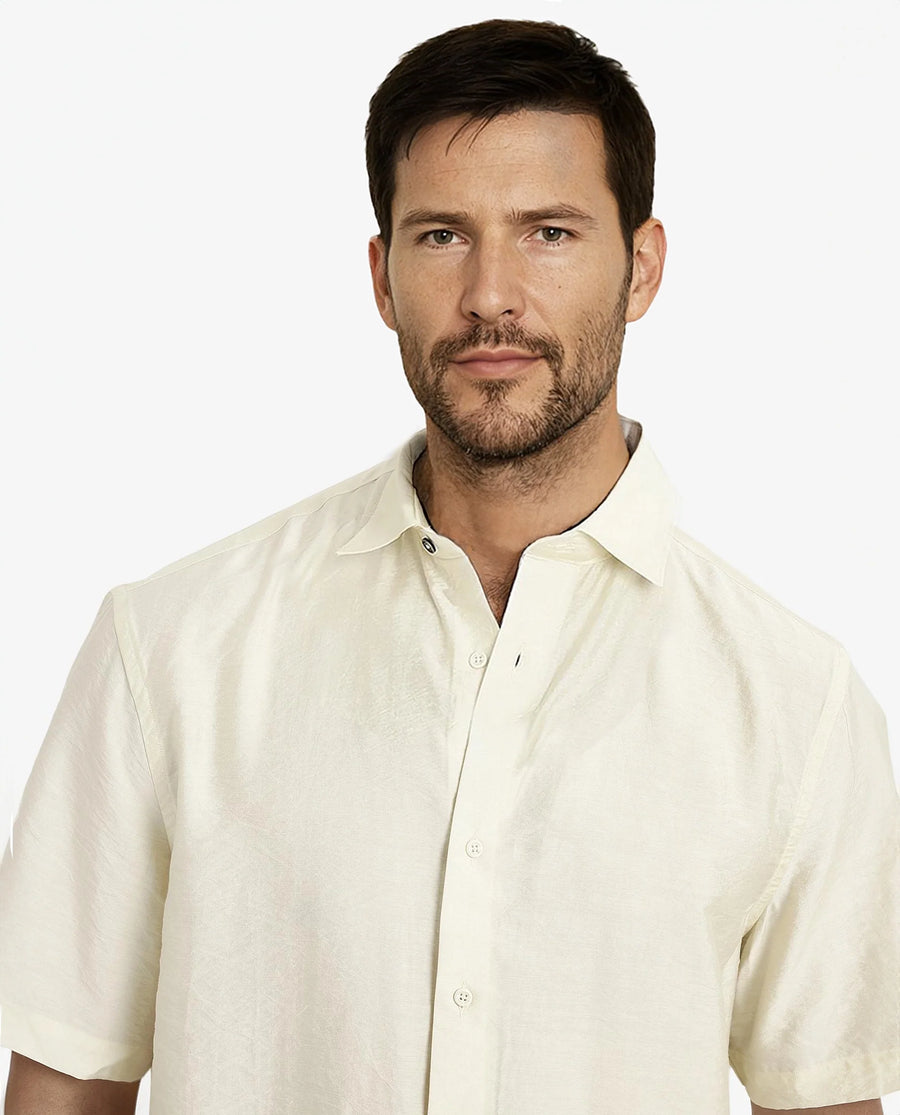 Rare Rabbit Men's Blois Pastel Yellow Viscose Plain Boxy Fit Half Sleeve Collared Shirt