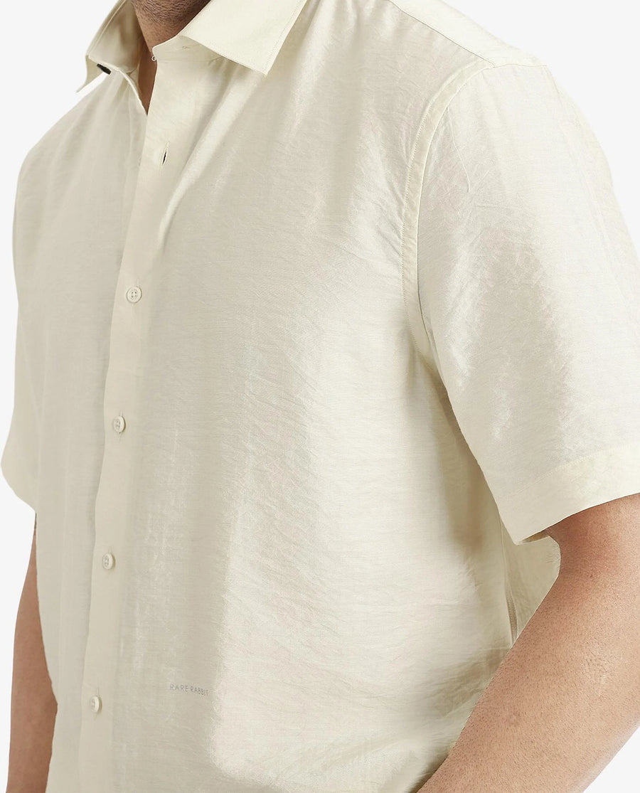 Rare Rabbit Men's Blois Pastel Yellow Viscose Plain Boxy Fit Half Sleeve Collared Shirt