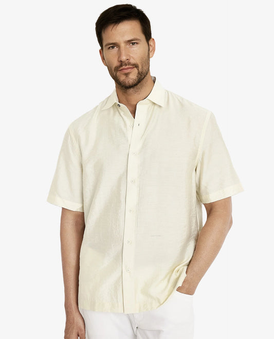 Rare Rabbit Men's Blois Pastel Yellow Viscose Plain Boxy Fit Half Sleeve Collared Shirt