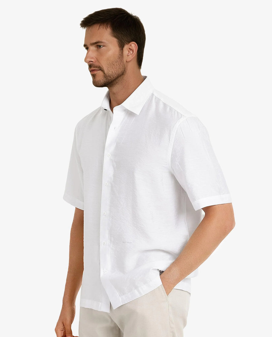 Rare Rabbit Men's Blois White Viscose Plain Boxy Fit Half Sleeve Collared Shirt