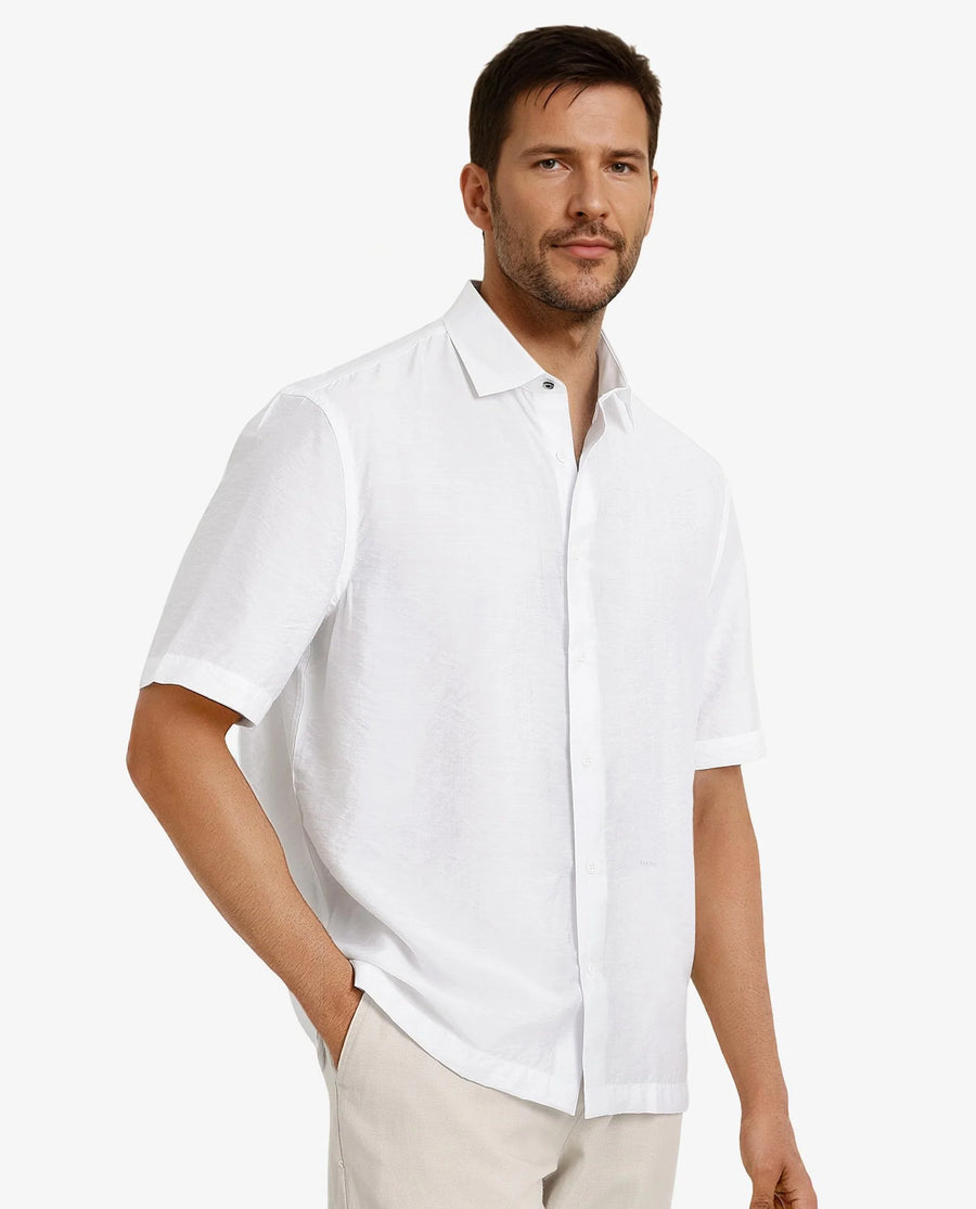 Rare Rabbit Men's Blois White Viscose Plain Boxy Fit Half Sleeve Collared Shirt
