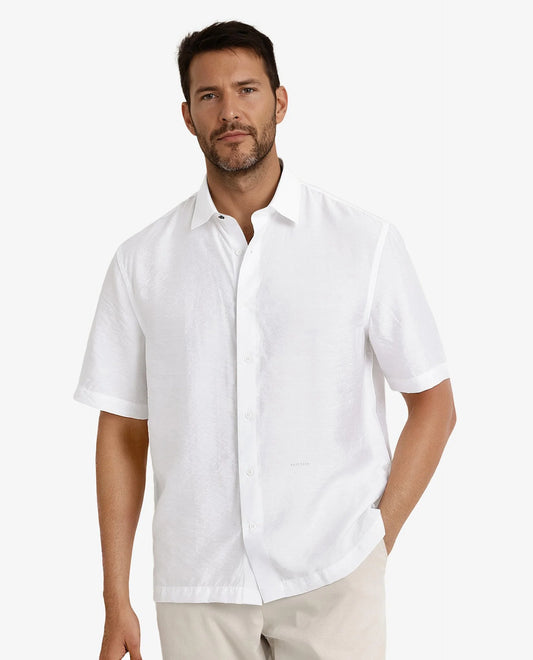 Rare Rabbit Men's Blois White Viscose Plain Boxy Fit Half Sleeve Collared Shirt