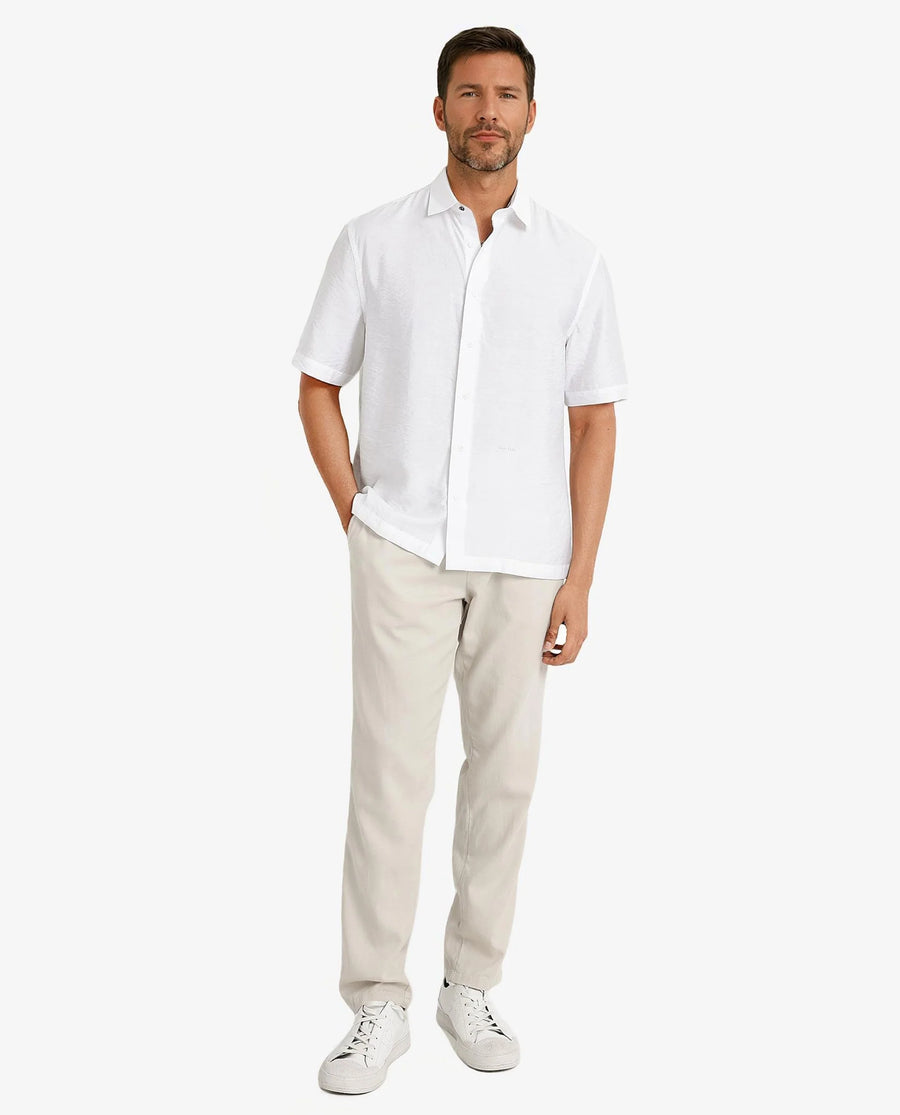 Rare Rabbit Men's Blois White Viscose Plain Boxy Fit Half Sleeve Collared Shirt