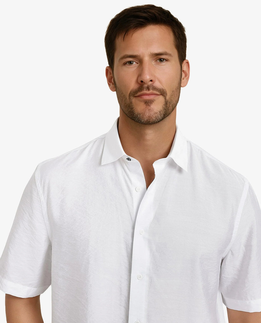 Rare Rabbit Men's Blois White Viscose Plain Boxy Fit Half Sleeve Collared Shirt