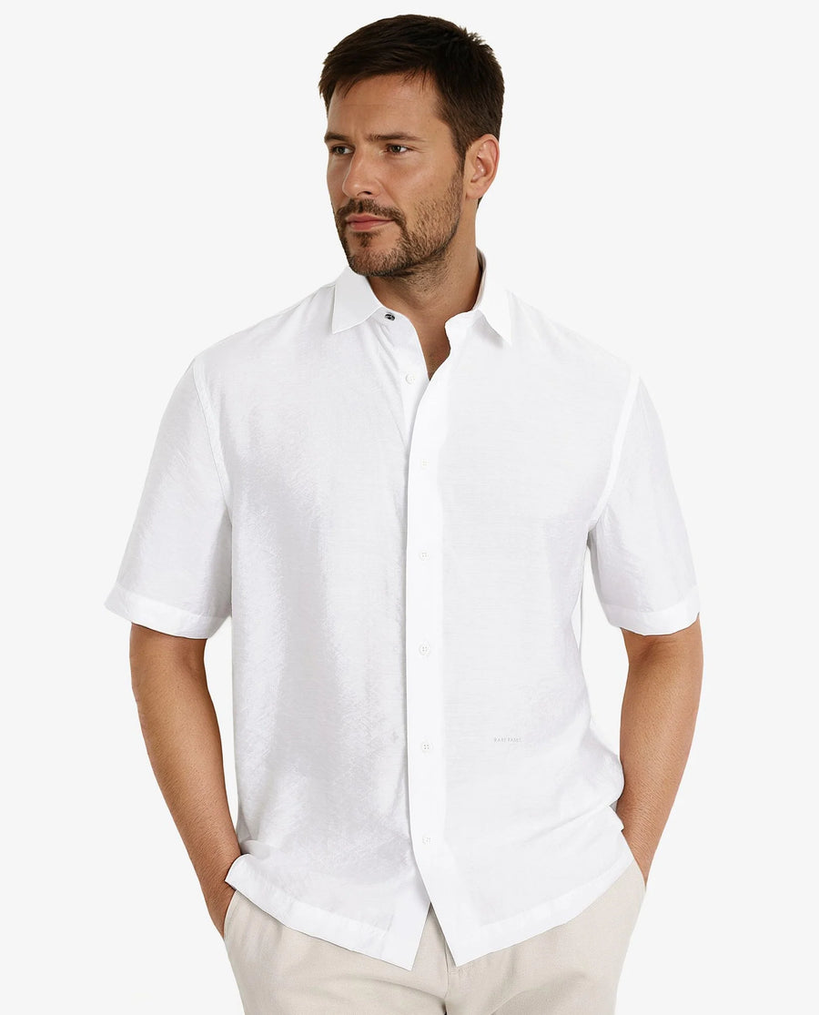 Rare Rabbit Men's Blois White Viscose Plain Boxy Fit Half Sleeve Collared Shirt