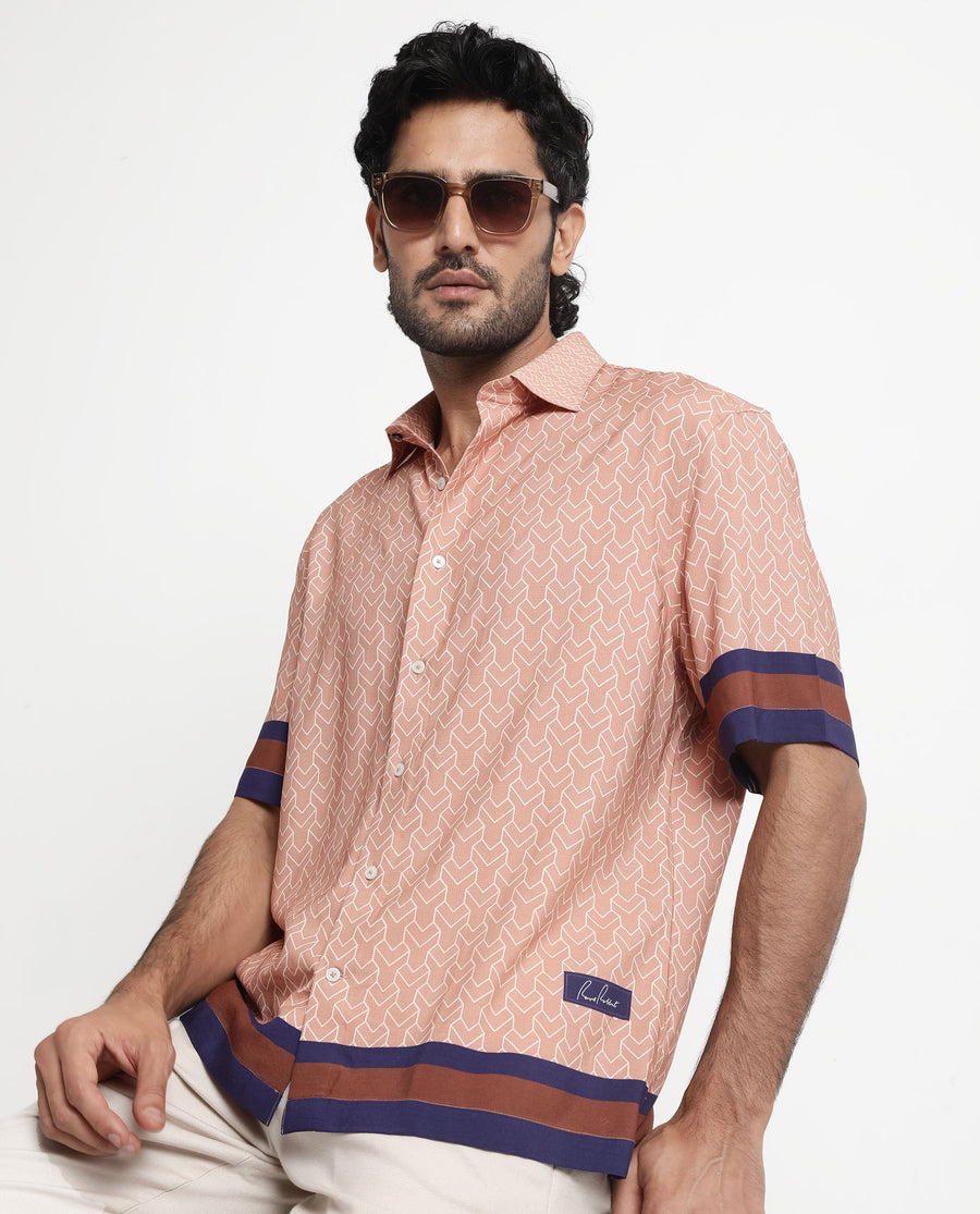 Rare Rabbit Men's Hane Beige Viscose Monogram Print Boxy Fit Half Sleeve Collared Shirt