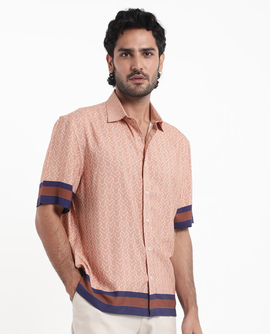 Rare Rabbit Men's Hane Beige Viscose Monogram Print Boxy Fit Half Sleeve Collared Shirt