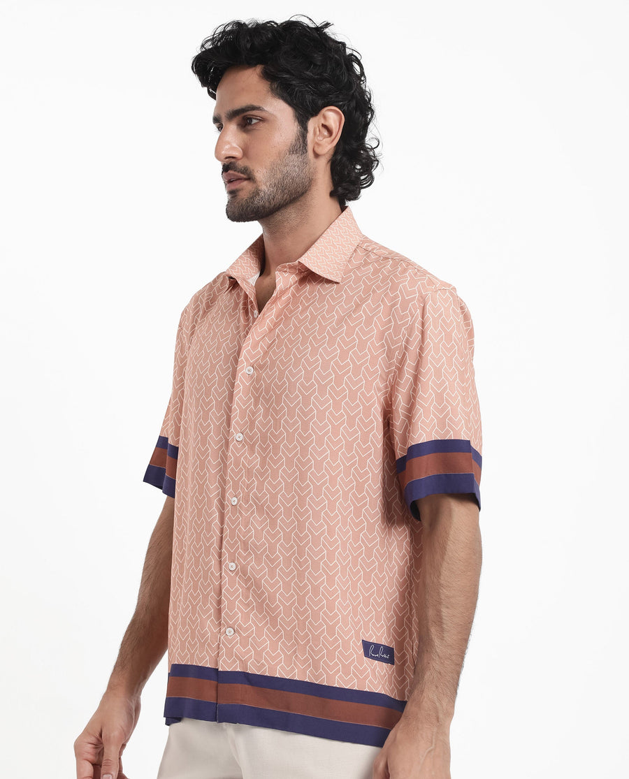 Rare Rabbit Men's Hane Beige Viscose Monogram Print Boxy Fit Half Sleeve Collared Shirt