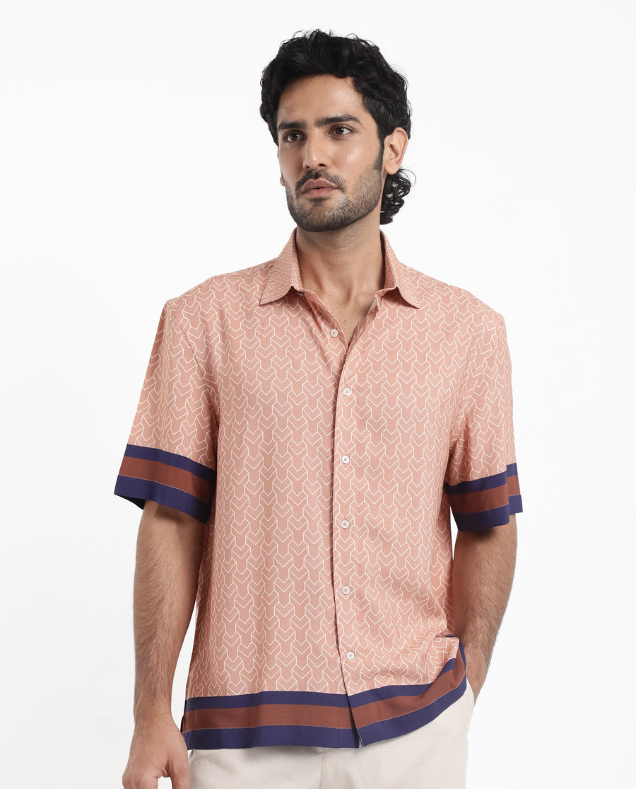 Rare Rabbit Men's Hane Beige Viscose Monogram Print Boxy Fit Half Sleeve Collared Shirt