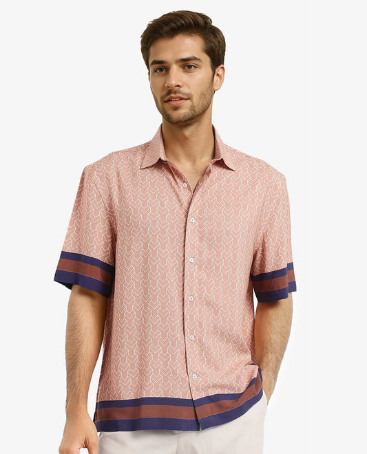 Rare Rabbit Men's Hane Beige Viscose Monogram Print Boxy Fit Half Sleeve Collared Shirt