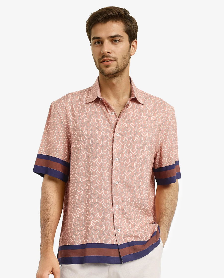 Rare Rabbit Men's Hane Beige Viscose Monogram Print Boxy Fit Half Sleeve Collared Shirt
