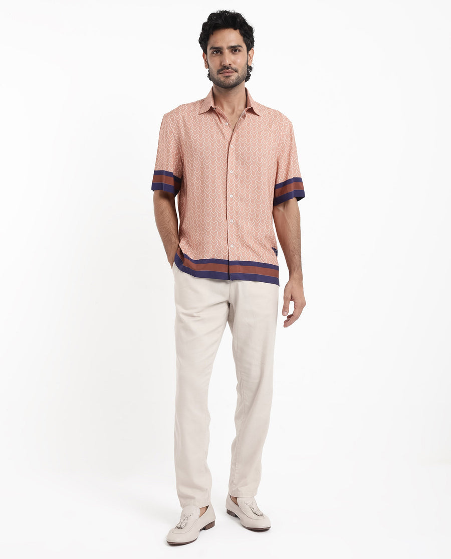 Rare Rabbit Men's Hane Beige Viscose Monogram Print Boxy Fit Half Sleeve Collared Shirt