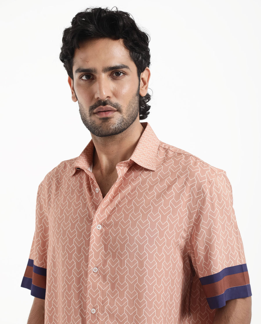 Rare Rabbit Men's Hane Beige Viscose Monogram Print Boxy Fit Half Sleeve Collared Shirt