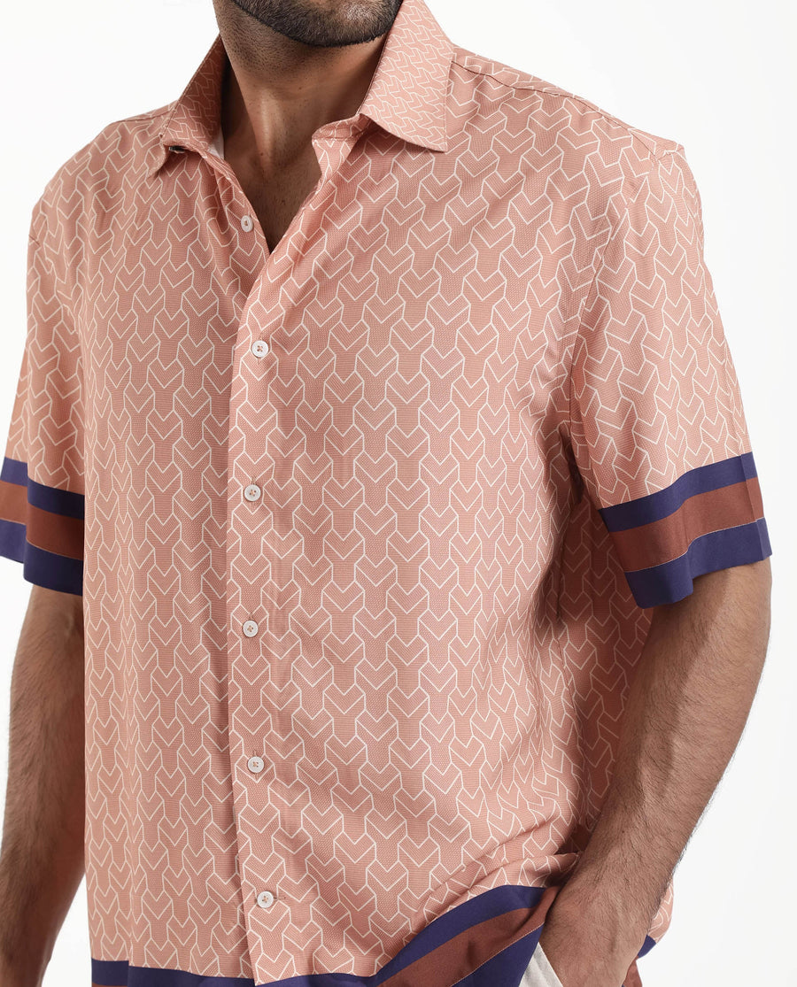 Rare Rabbit Men's Hane Beige Viscose Monogram Print Boxy Fit Half Sleeve Collared Shirt