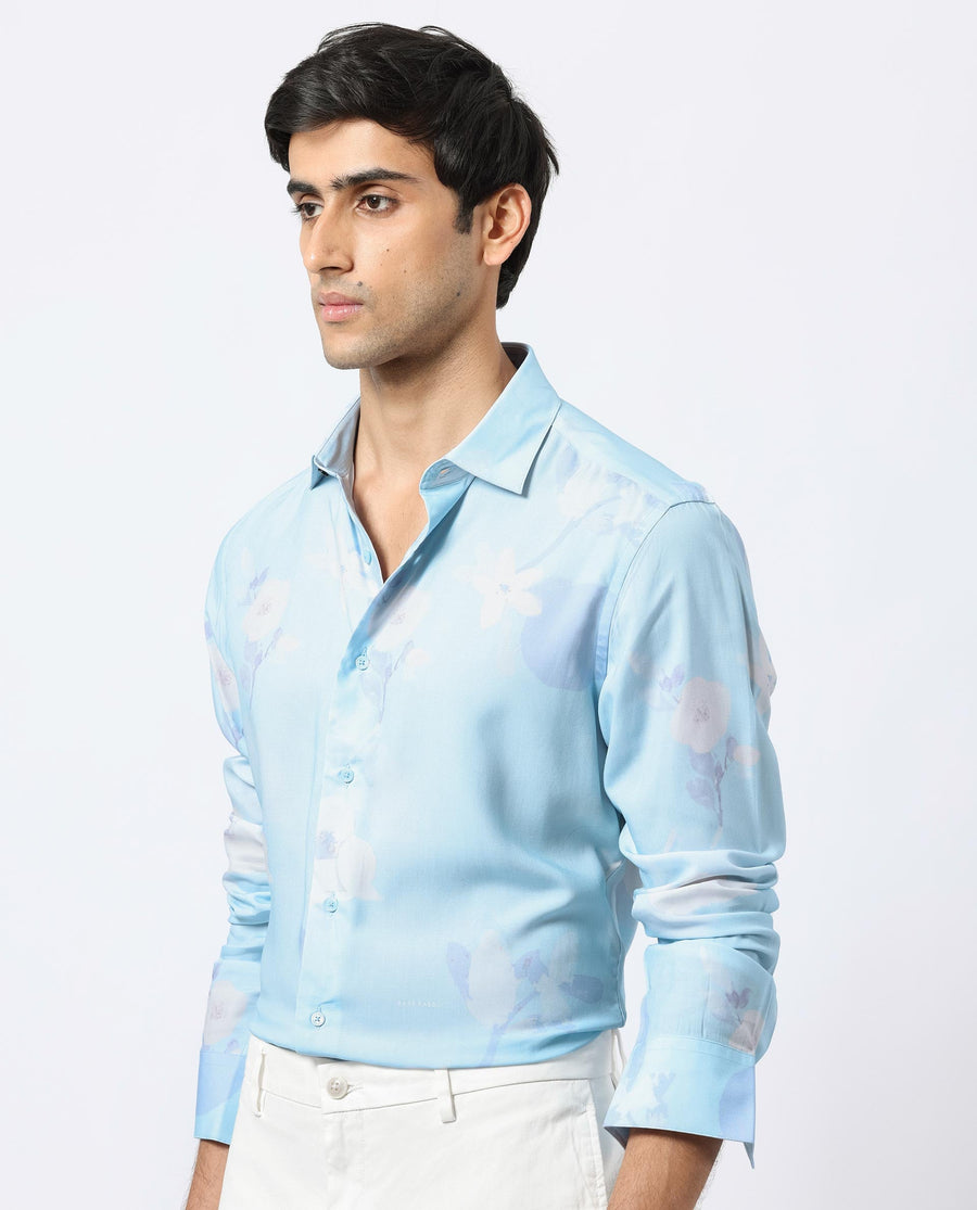 Rare Rabbit Men's Hanmer Light Petrol Viscose Floral Print Regular Fit Full Sleeve Collared Shirt