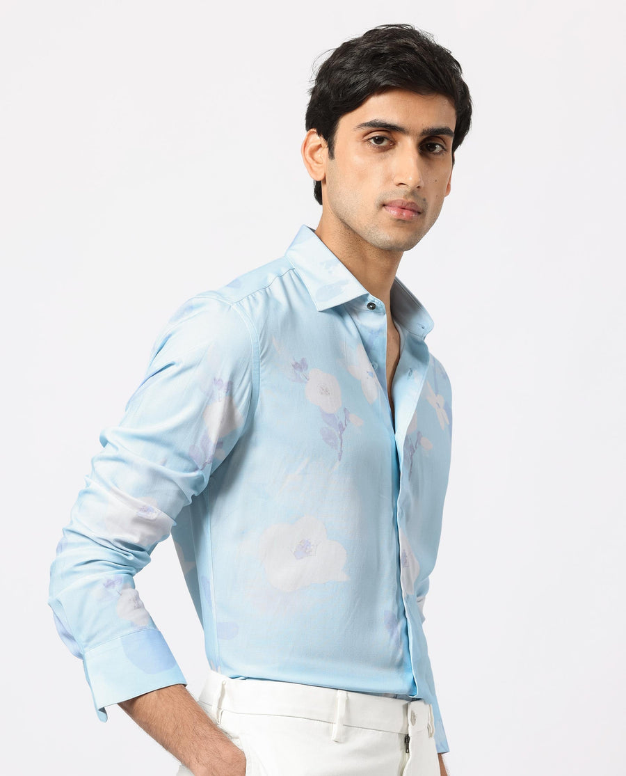 Rare Rabbit Men's Hanmer Light Petrol Viscose Floral Print Regular Fit Full Sleeve Collared Shirt