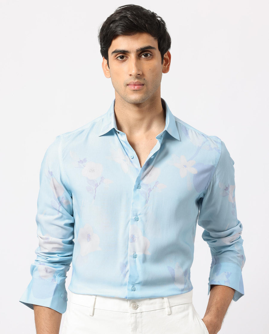 Rare Rabbit Men's Hanmer Light Petrol Viscose Floral Print Regular Fit Full Sleeve Collared Shirt