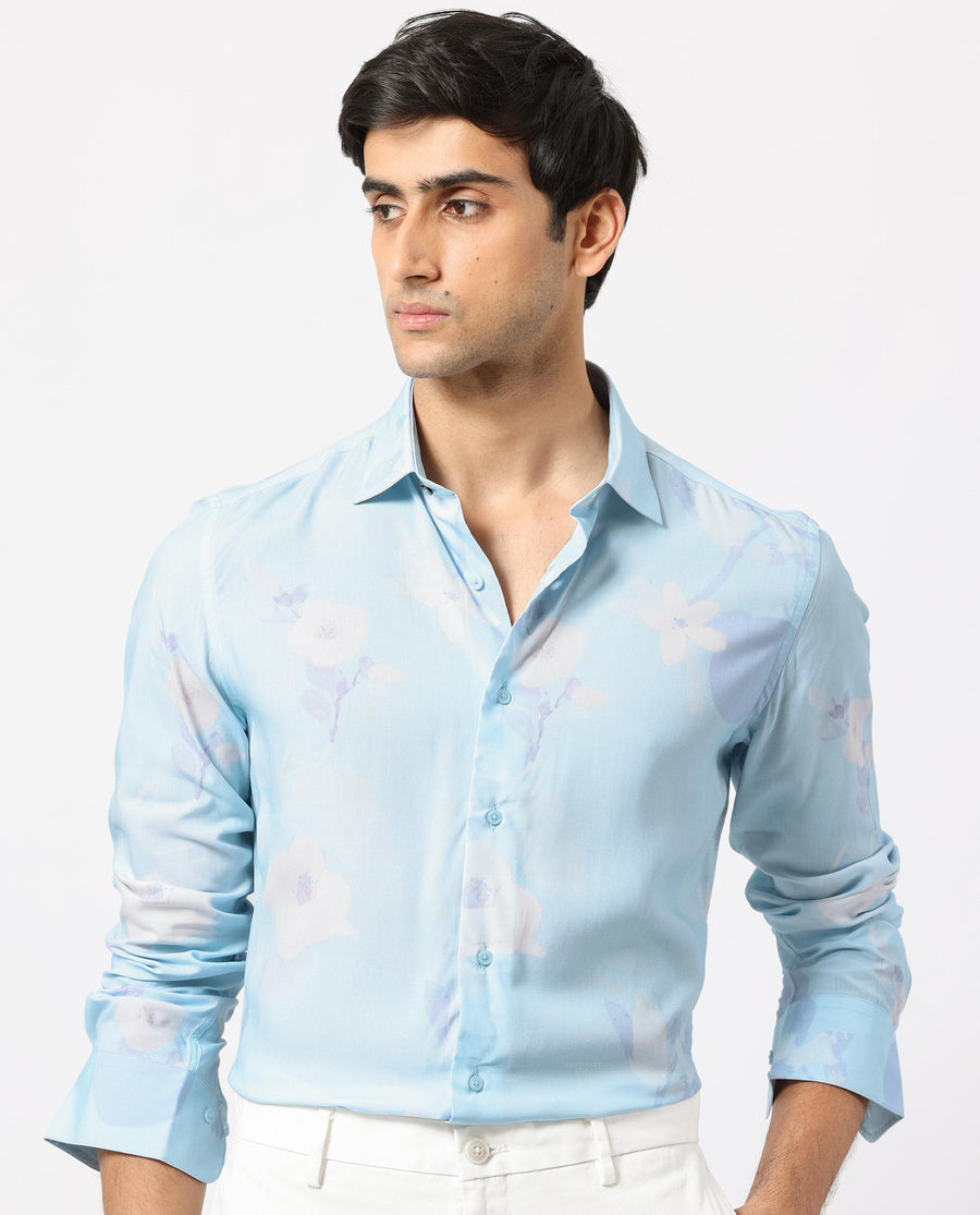 Rare Rabbit Men's Hanmer Light Petrol Viscose Floral Print Regular Fit Full Sleeve Collared Shirt