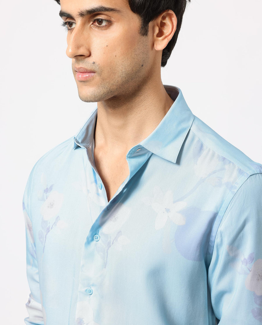 Rare Rabbit Men's Hanmer Light Petrol Viscose Floral Print Regular Fit Full Sleeve Collared Shirt