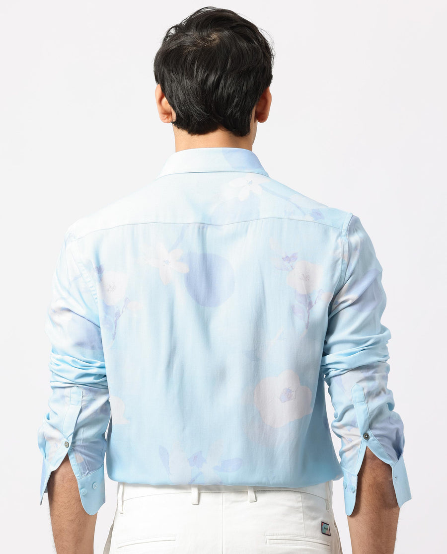 Rare Rabbit Men's Hanmer Light Petrol Viscose Floral Print Regular Fit Full Sleeve Collared Shirt