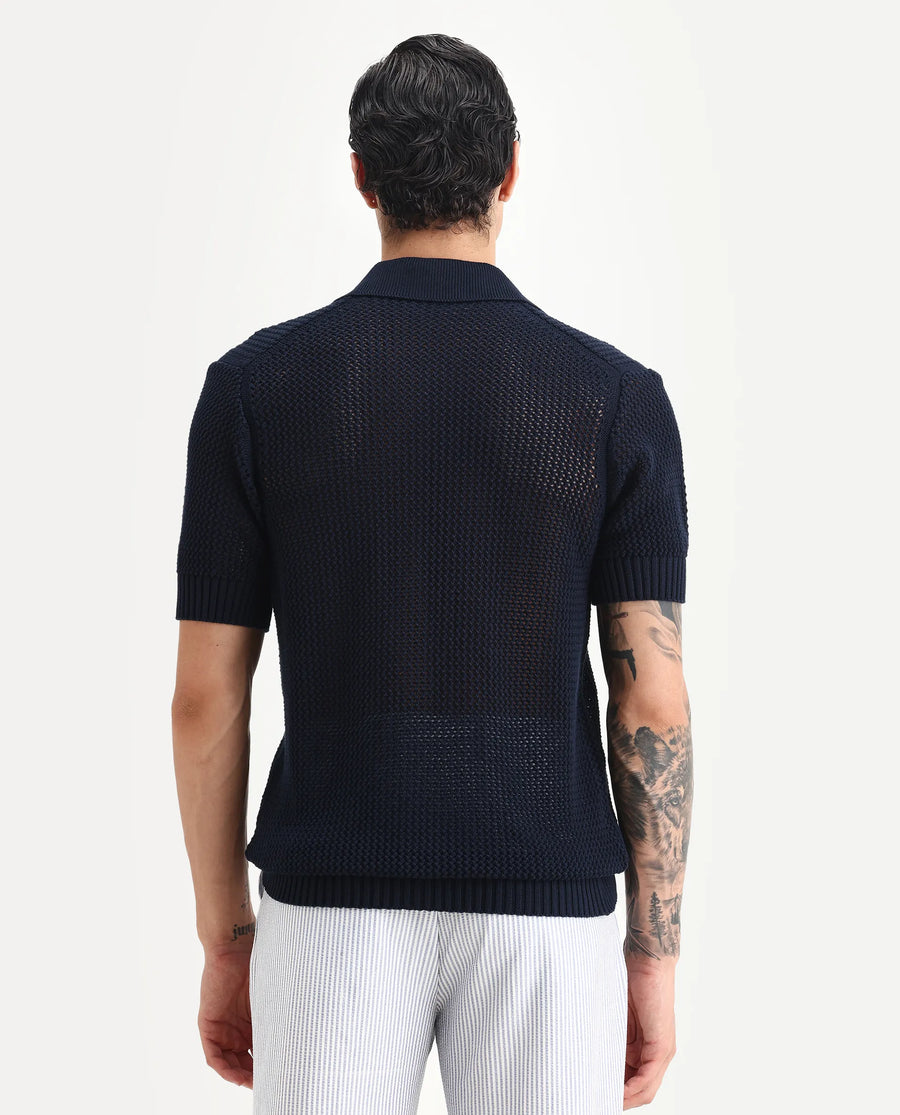 Rare Rabbit Men's Hao Navy Cotton Plain Relaxed Fit Half Sleeve Collared Shirt