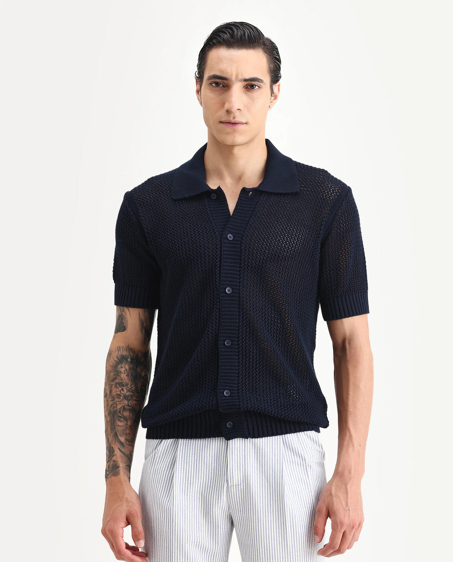 Rare Rabbit Men's Hao Navy Cotton Plain Relaxed Fit Half Sleeve Collared Shirt
