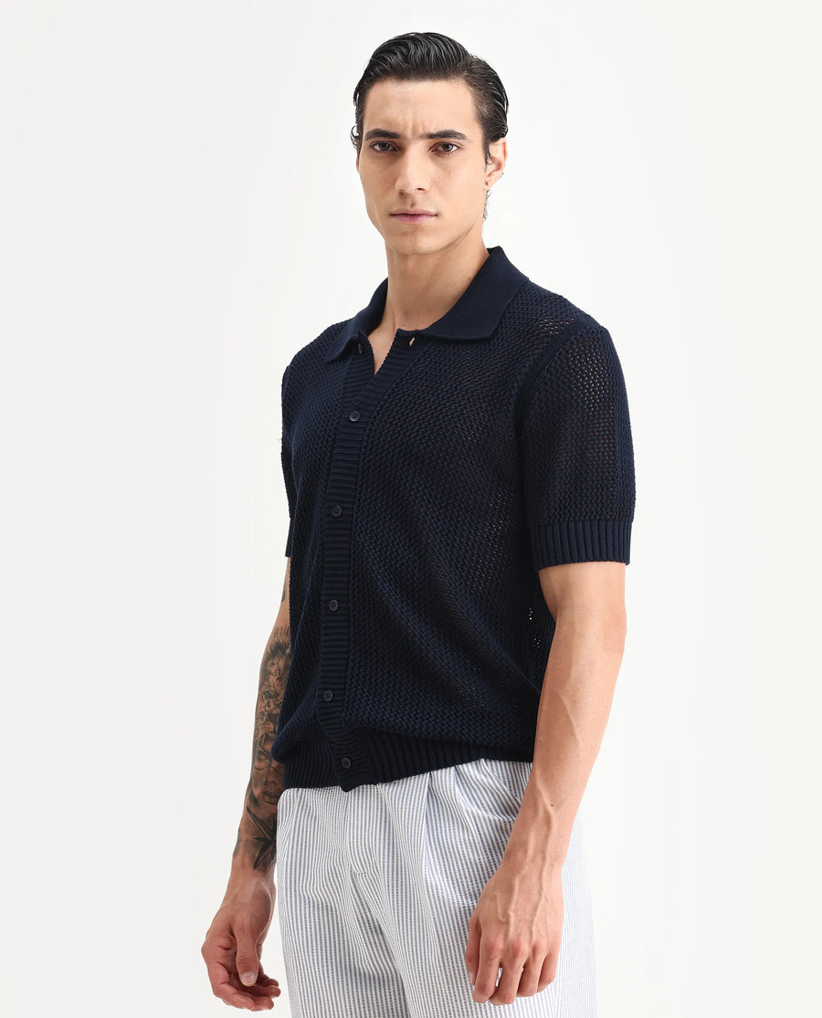 Rare Rabbit Men's Hao Navy Cotton Plain Relaxed Fit Half Sleeve Collared Shirt