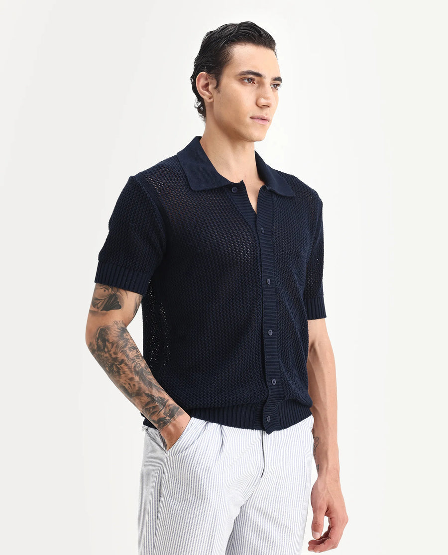 Rare Rabbit Men's Hao Navy Cotton Plain Relaxed Fit Half Sleeve Collared Shirt