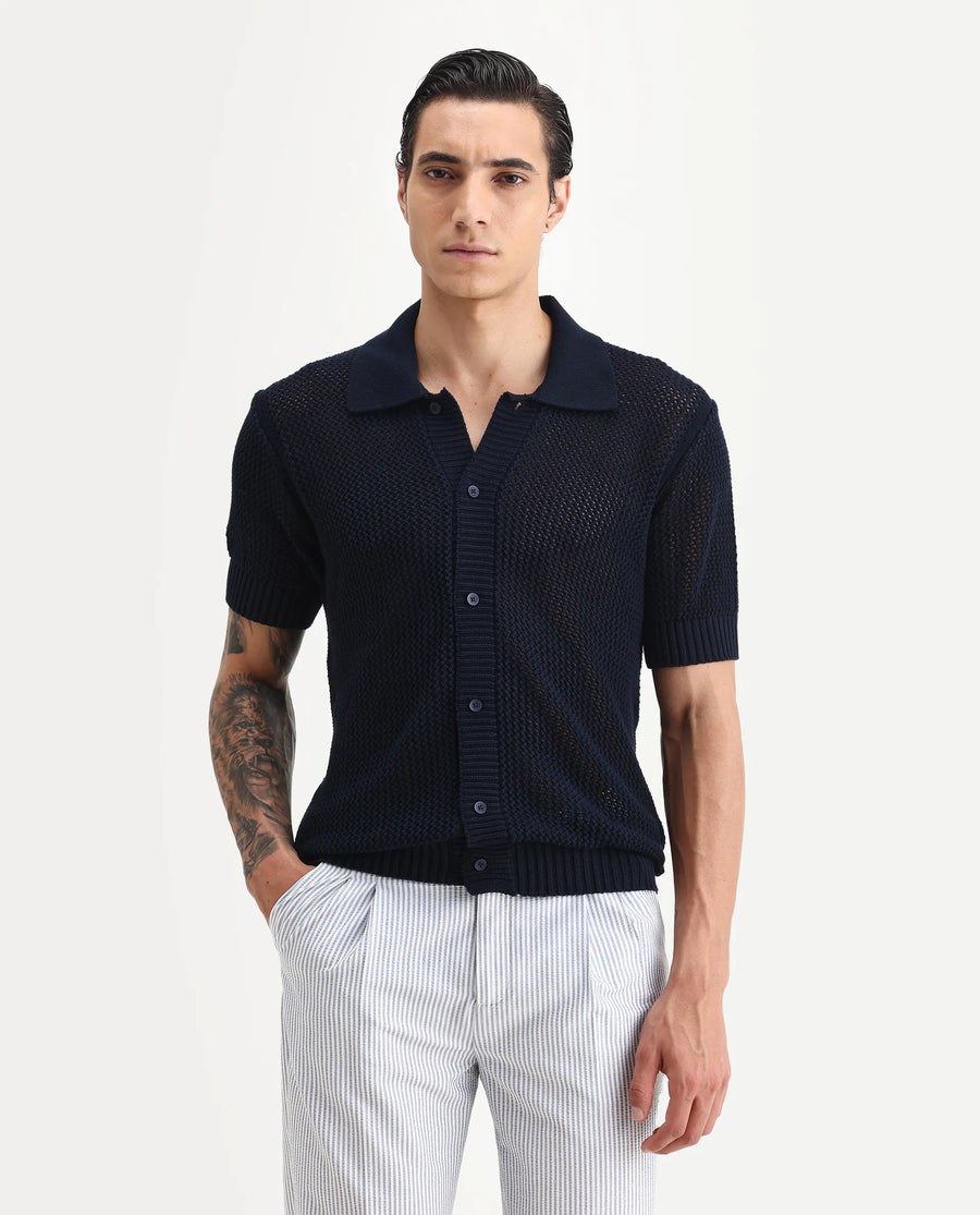 Rare Rabbit Men's Hao Navy Cotton Plain Relaxed Fit Half Sleeve Collared Shirt