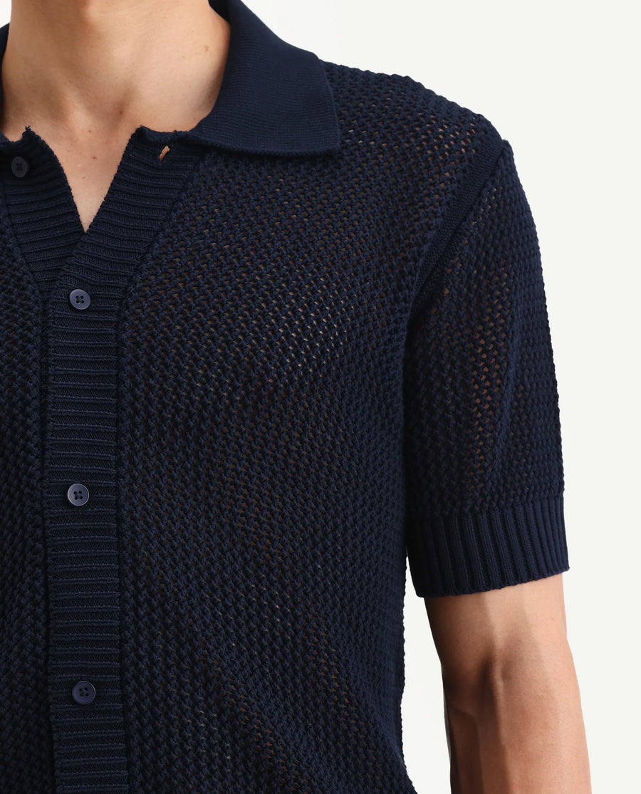 Rare Rabbit Men's Hao Navy Cotton Plain Relaxed Fit Half Sleeve Collared Shirt