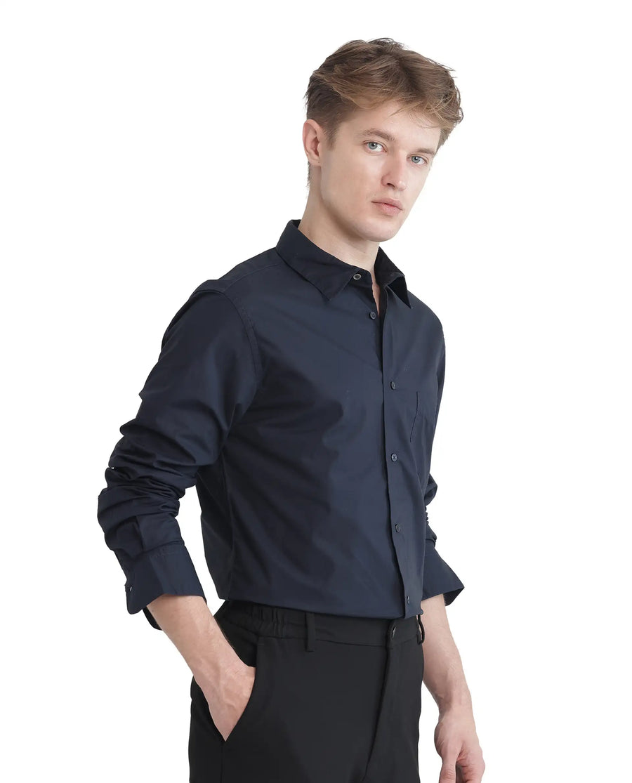 Rare Rabbit Men's Harmin-25 Navy Cotton Plain Regular Fit Full Sleeve Collared Shirt
