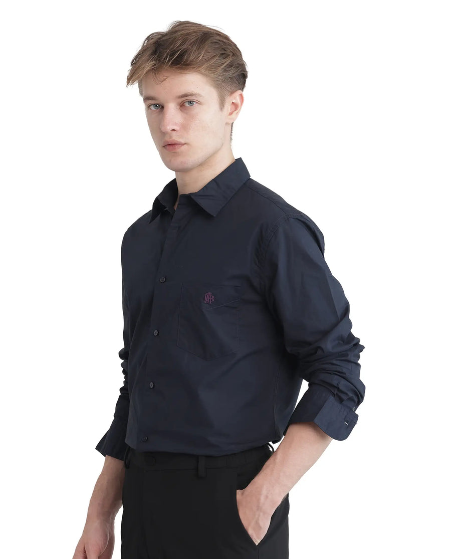 Rare Rabbit Men's Harmin-25 Navy Cotton Plain Regular Fit Full Sleeve Collared Shirt