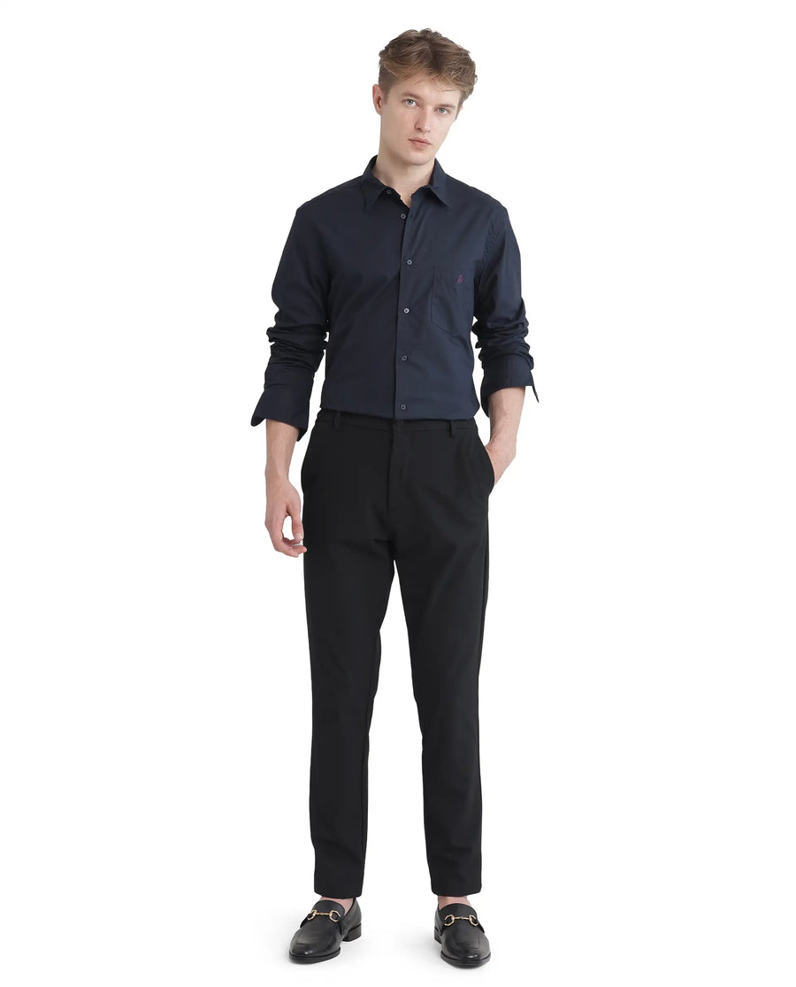 Rare Rabbit Men's Harmin-25 Navy Cotton Plain Regular Fit Full Sleeve Collared Shirt