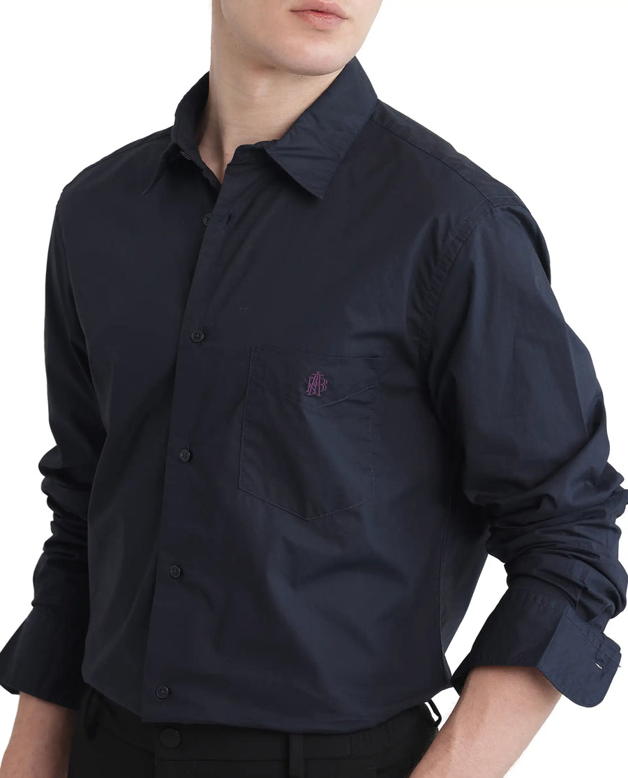 Rare Rabbit Men's Harmin-25 Navy Cotton Plain Regular Fit Full Sleeve Collared Shirt