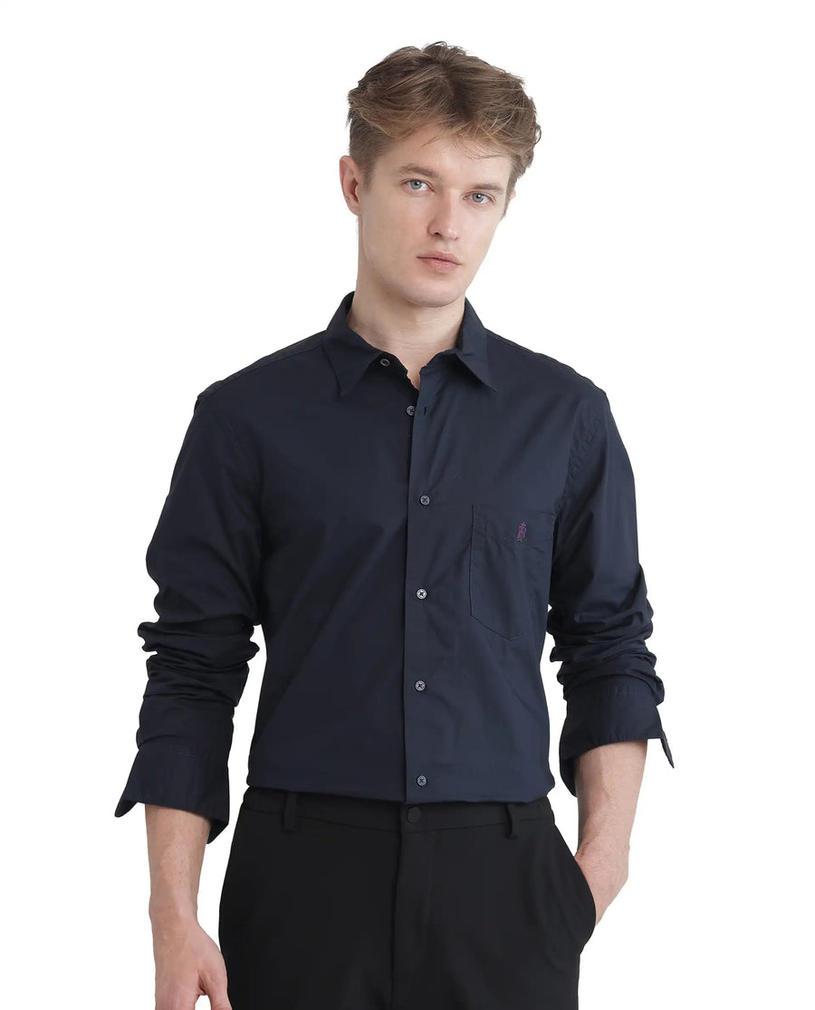 Rare Rabbit Men's Harmin-25 Navy Cotton Plain Regular Fit Full Sleeve Collared Shirt