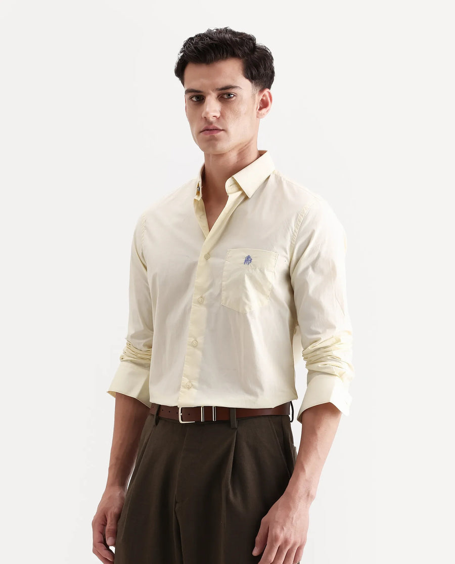 Rare Rabbit Men's Harmin Pastel Yellow Cotton Embroidered Regular Fit Full Sleeve Collared Shirt
